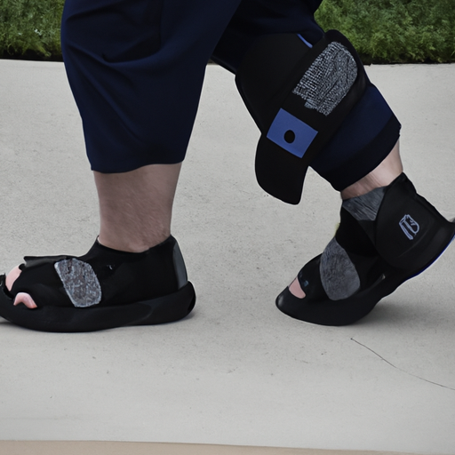 אדם הנועל נעליים אורטופדיות תוך כדי הליכה, המדגיש את התמיכה הניתנת לרגליו ולגבו