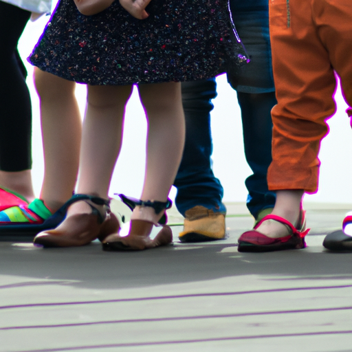 קבוצת ילדים משחקת, מציגה מגוון סגנונות נעליים
