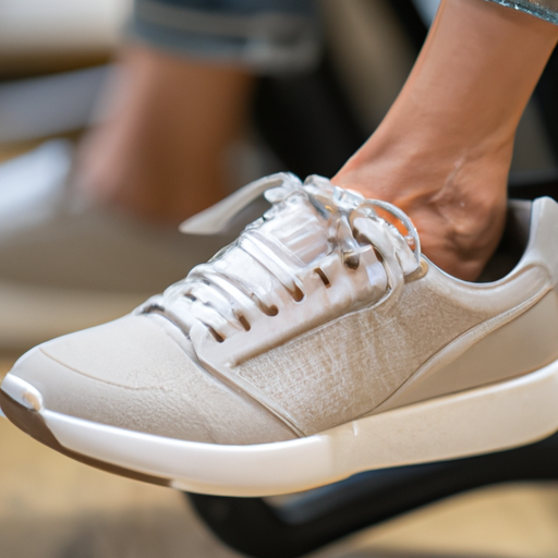אישה מנסה לנעול זוג נעלי ספורט נוחות אך אופנתיות בחנות נעליים