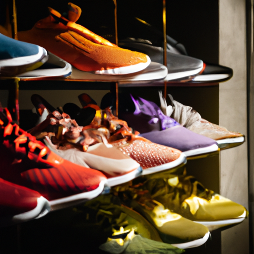 מגוון נעלי ספורט מסוגננות וצבעוניות המוצגות על מדף